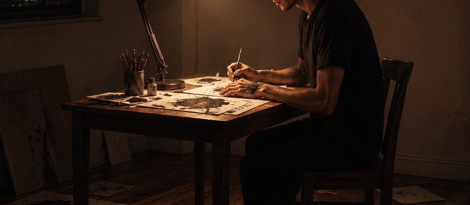 Late-night desk, one lamp on